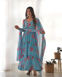 Sky Blue Pure Faux Georgette Floral Printed Ruffle Anarkali Pant Suit - women's fashion mart