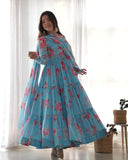 Sky Blue Pure Faux Georgette Floral Printed Ruffle Anarkali Pant Suit - women's fashion mart