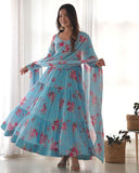 Sky Blue Pure Faux Georgette Floral Printed Ruffle Anarkali Pant Suit - women's fashion mart