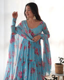 Sky Blue Pure Faux Georgette Floral Printed Ruffle Anarkali Pant Suit - women's fashion mart