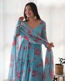 Sky Blue Pure Faux Georgette Floral Printed Ruffle Anarkali Pant Suit - women's fashion mart