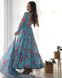 Sky Blue Pure Faux Georgette Floral Printed Ruffle Anarkali Pant Suit - women's fashion mart