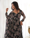 Black Pure Faux Georgette Floral Digital Printed Anarkali Pant Suit -Salwar Kameez XS women's fashion mart