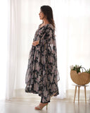 Black Pure Faux Georgette Floral Digital Printed Anarkali Pant Suit -Salwar Kameez XS women's fashion mart