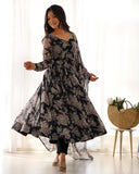 Black Pure Faux Georgette Floral Digital Printed Anarkali Pant Suit - women's fashion mart