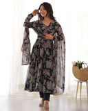Black Pure Faux Georgette Floral Digital Printed Anarkali Pant Suit -Salwar Kameez XS women's fashion mart