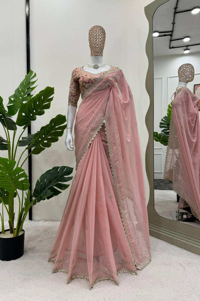 Pink Color Beautiful Designer Saree on Tibby Silk Fabric -SAREE Pink / Silk women's fashion mart