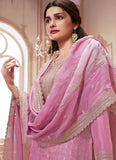 Lipstick Pink Dola Jacquard Sequins Embroidered Straight Suit - women's fashion mart