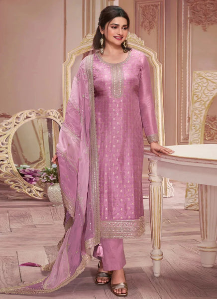 Lipstick Pink Dola Jacquard Sequins Embroidered Straight Suit - women's fashion mart