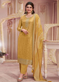 Yellow Dola Jacquard Sequins Embroidered Straight Suit - women's fashion mart