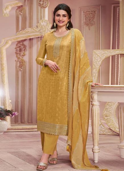 Yellow Dola Jacquard Sequins Embroidered Straight Suit - women's fashion mart