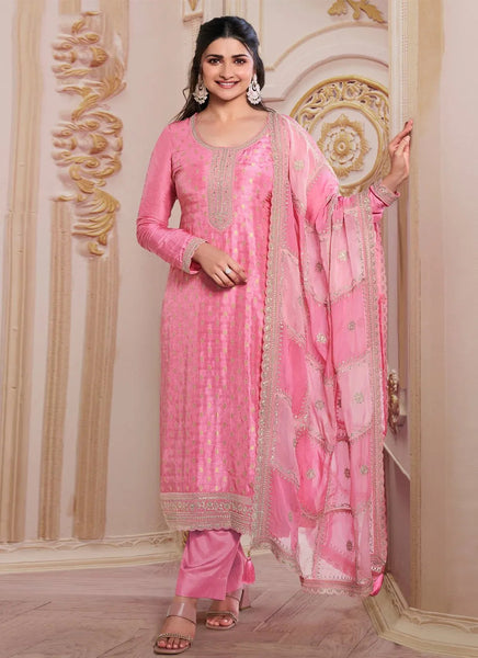 Rose Pink Dola Jacquard Sequins Embroidered Straight Suit - women's fashion mart