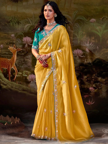 Yellow Pure Organza Sequins Thread Worked Designer Saree - women's fashion mart