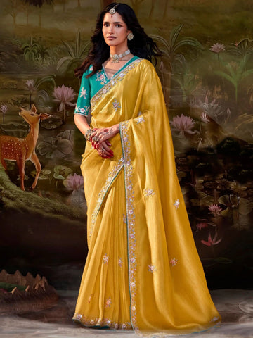 Yellow Pure Organza Sequins Thread Worked Designer Saree - women's fashion mart