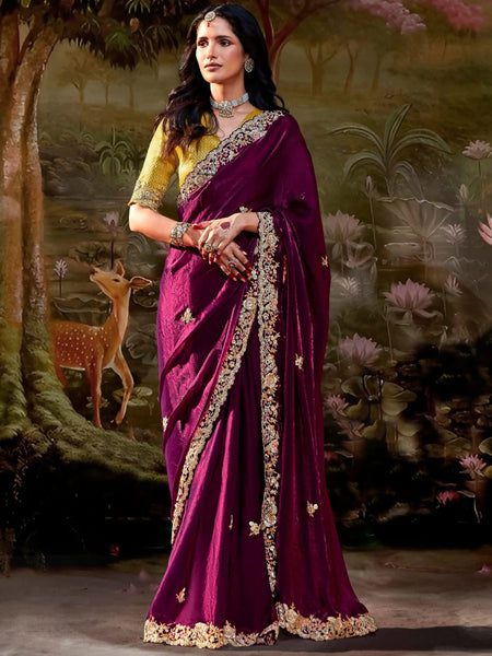 Wonderful Wine Pure Organza Sequins Embroidered Saree - women's fashion mart