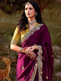 Wonderful Wine Pure Organza Sequins Embroidered Saree - women's fashion mart