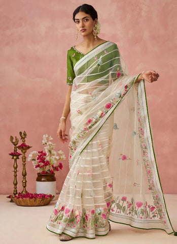 Off White Colored Printed Woven Worked Designer Saree - women's fashion mart