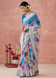 Off White Organza Printed Woven Worked Designer Saree - women's fashion mart