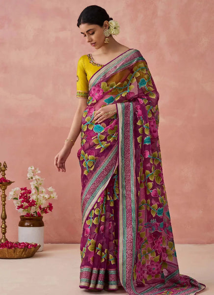 Rose Pink Organza Printed Woven Worked Designer Saree - women's fashion mart