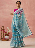 Light Blue Organza Printed Woven Worked Designer Saree - women's fashion mart