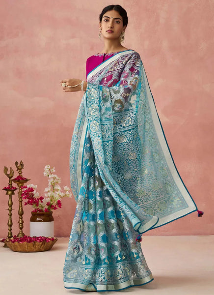 Light Blue Organza Printed Woven Worked Designer Saree - women's fashion mart