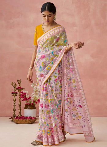 Pink Colored Organza Printed Woven Worked Designer Saree - women's fashion mart