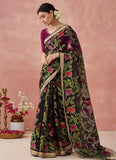 Black Organza Printed Woven Worked Designer Saree - women's fashion mart