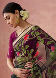 Black Organza Printed Woven Worked Designer Saree - women's fashion mart