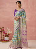 Mauve and Turquoise Organza Printed Woven Worked Saree - women's fashion mart