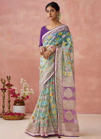 Mauve and Turquoise Organza Printed Woven Worked Saree - women's fashion mart