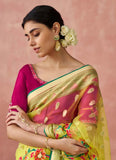 Yellow Organza Printed Embroidered Worked Designer Saree - women's fashion mart