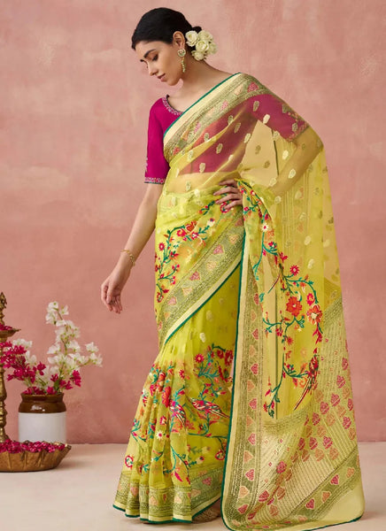 Yellow Organza Printed Embroidered Worked Designer Saree - women's fashion mart