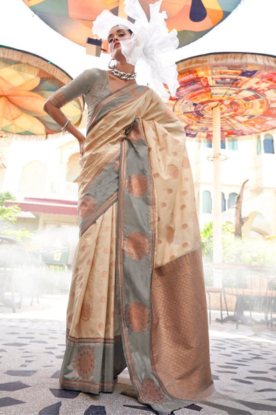 Cashmere Cream Handloom Katan Banarasi Saree - women's fashion mart