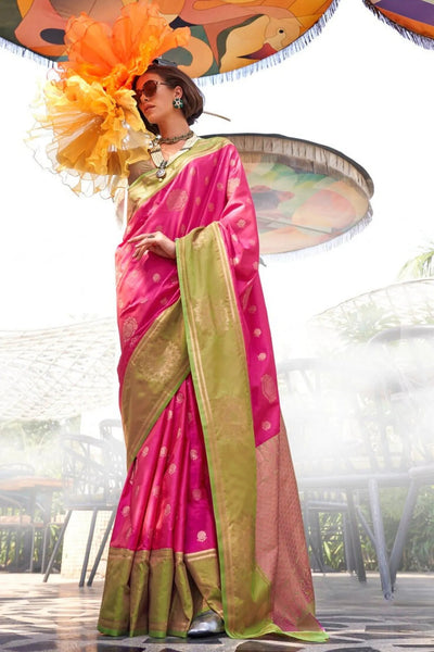 Magenta Pink Handloom Katan Banarasi Saree - women's fashion mart