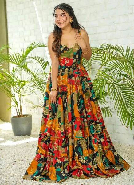 Vibrant Rayon Gown with Full Flare and Multicolor Digital Print - women's fashion mart