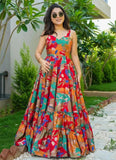 Colorful Rayon Designer Gown with Digital Print and Full Flare - women's fashion mart