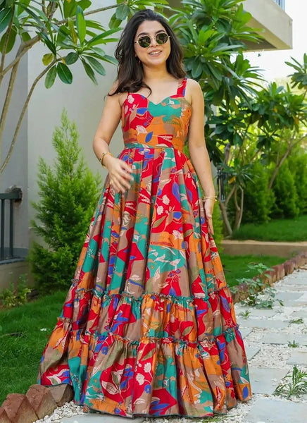 Colorful Rayon Designer Gown with Digital Print and Full Flare - women's fashion mart