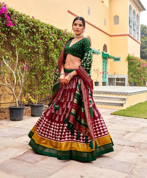 Pretty Maroon Tussar Silk Printed Foil Worked Lehenga Choli - women's fashion mart