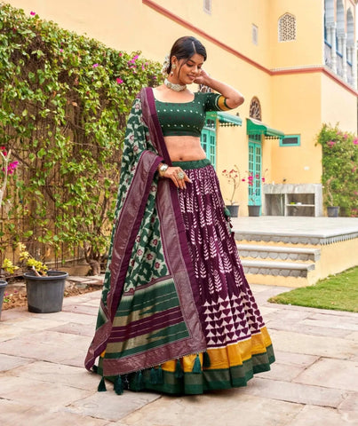 Wonderful Wine Tussar Silk Printed Foil Worked Lehenga Choli - women's fashion mart