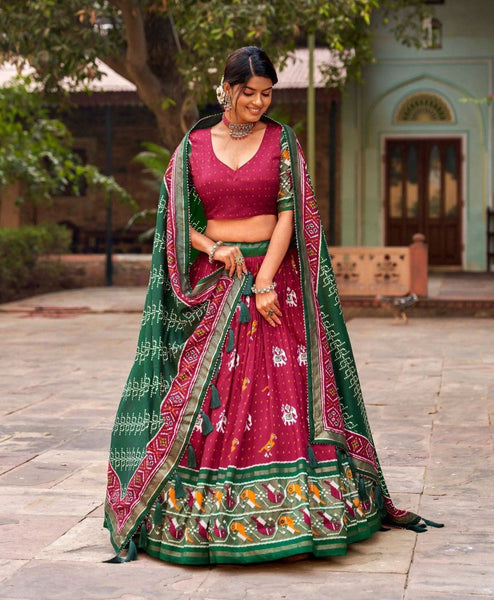 Dazzling Red Tussar Silk Patola Printed Foil Worked Lehenga Choli -Lehenga Choli Semi Stitched women's fashion mart