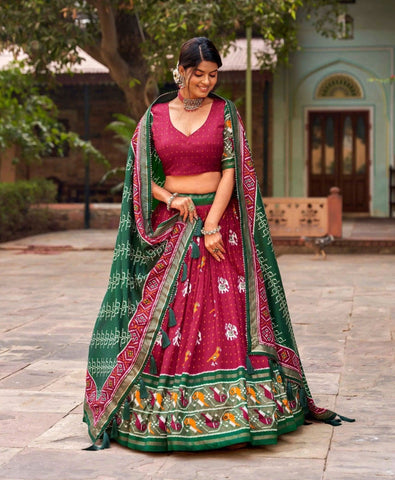 Dazzling Red Tussar Silk Patola Printed Foil Worked Lehenga Choli -Lehenga Choli Semi Stitched women's fashion mart