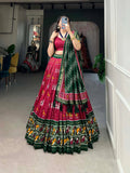 Dazzling Red Tussar Silk Patola Printed Foil Worked Lehenga Choli - women's fashion mart
