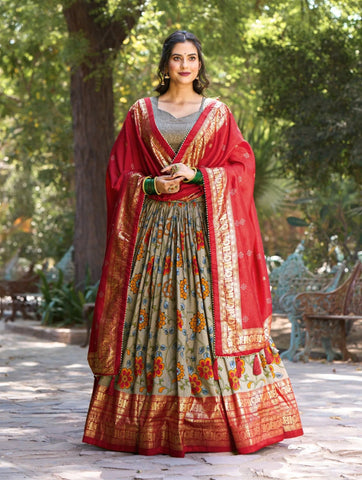 Fabulous Gray Tussar Silk Kalamkari Printed Foil Worked Lehenga Choli - women's fashion mart