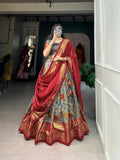 Fabulous Gray Tussar Silk Kalamkari Printed Foil Worked Lehenga Choli - women's fashion mart