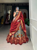 Fabulous Gray Tussar Silk Kalamkari Printed Foil Worked Lehenga Choli - women's fashion mart