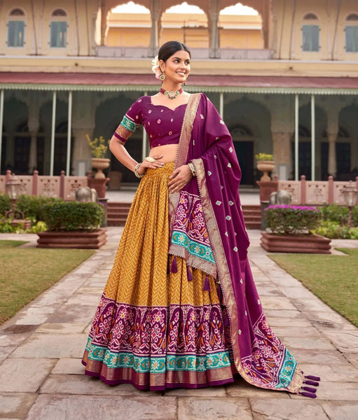Impressive Tussar Silk Patola Printed Foil Worked Lehenga Choli - women's fashion mart