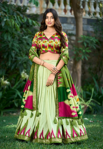 Pista Green Tussar Silk Printed Foil Worked Lehenga Choli - women's fashion mart