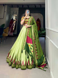 Pista Green Tussar Silk Printed Foil Worked Lehenga Choli - women's fashion mart