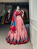 Precious Peach Tussar Silk Printed Foil Worked Lehenga Choli - women's fashion mart
