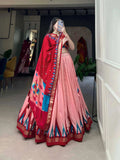 Precious Peach Tussar Silk Printed Foil Worked Lehenga Choli - women's fashion mart
